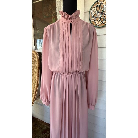 Vintage 70's Mauve Rose Maxi Dress Pleated Front Sheer Poly Chiffon Style Sz XL - Picture 11 of 16